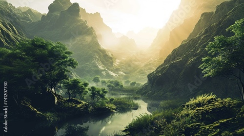 A serene landscape shows a river winding through a valley surrounded by steep, lush green mountains. Sunlight pierces through the mist, illuminating the valley in a soft, golden light. Vibrant green t