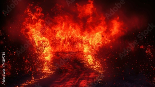 The image shows a fierce and intense wildfire consuming a forest area at night. Bright red and orange flames dominate the scene, with a high fire line that suggests a strong, rapidly spreading fire. T photo