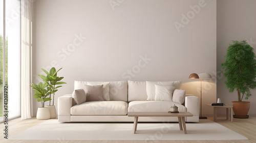 Sofa in a beige minimalist living room with decor on a large wall white window landscape Nordic home interior in Generative AI 