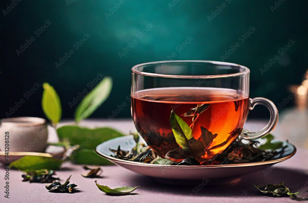 cup of tea with tea leaves on an herbal background. healthy green tea for weight loss. natural weight loss concept. Generative Ai cup of tea with tea leaves on an herbal background. healthy green tea for weight loss. natural weight loss concept. Generative Ai