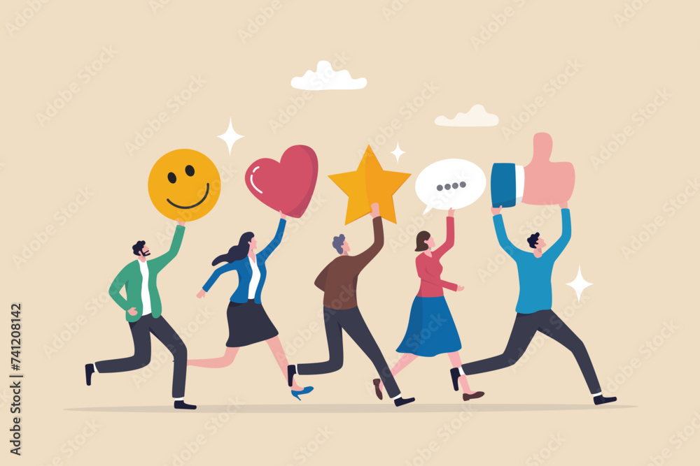 © Nuthawut - Social media customer feedback review, employee satisfaction, positive feedback on online ranking, giving high score rating, like or happy opinion concept, people carry social feedback elements. © Nuthawut - Social media customer feedback review, employee satisfaction, positive feedback on online ranking, giving high score rating, like or happy opinion concept, people carry social feedback elements.