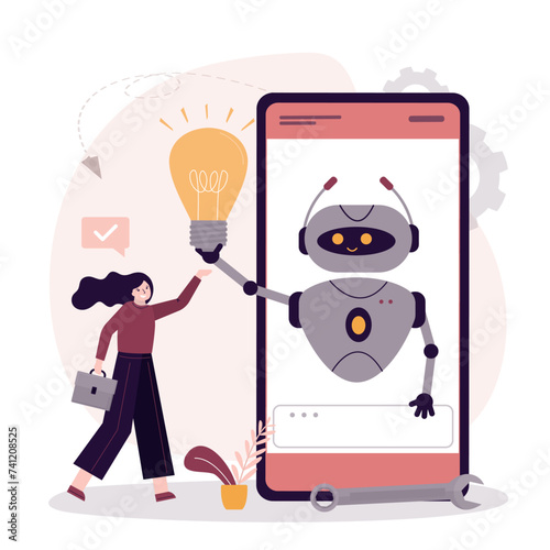 Robot giving glowing light bulb for businesswoman, develop innovative business idea or strategy. Robotic artificial intelligence brainstorming. Innovation and science.