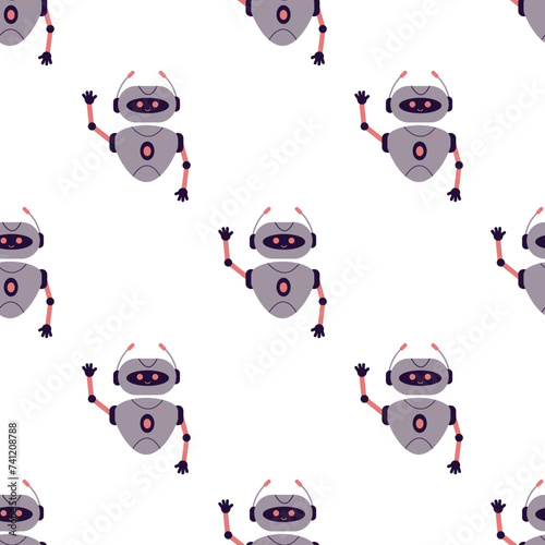 Cute robot chatbot texture, wallpaper template. Bot operator isolated on white background. Smart chatbot character seamless pattern, business concept
