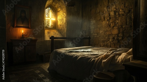 Hermit cell in monastery with cross on wall. photo