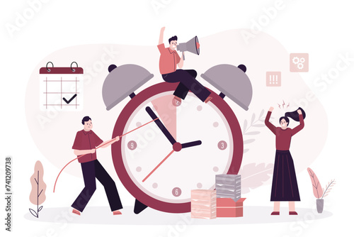 Group of businessman trying to stop time. Boss demands that work and tasks be completed on time. Business deadline, time management, clock concept, timer delay work.