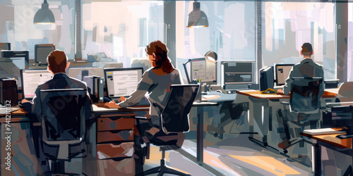Graphic Illustration Of An Office With Workers And Computers For Wallpaper Created Using Artificial Intelligence