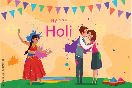 Illustration of indian people celebrating festival of colors holi adorable doodles creative concept design. Happy Holi.