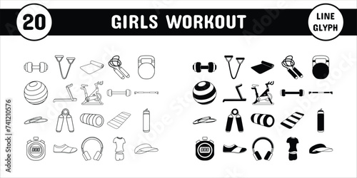 Girls Workout Line Glyph Vector Illustration Icon Sticker Set Design Materials