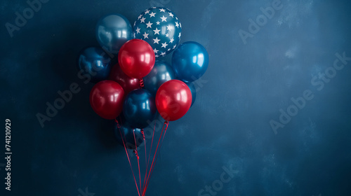 festive US flag color foil balloons for 4th of July and Presidents Day celebration on a dark blue background with copy space
