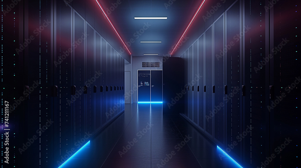 Fototapeta premium Modern server room with racks of network servers, led lights