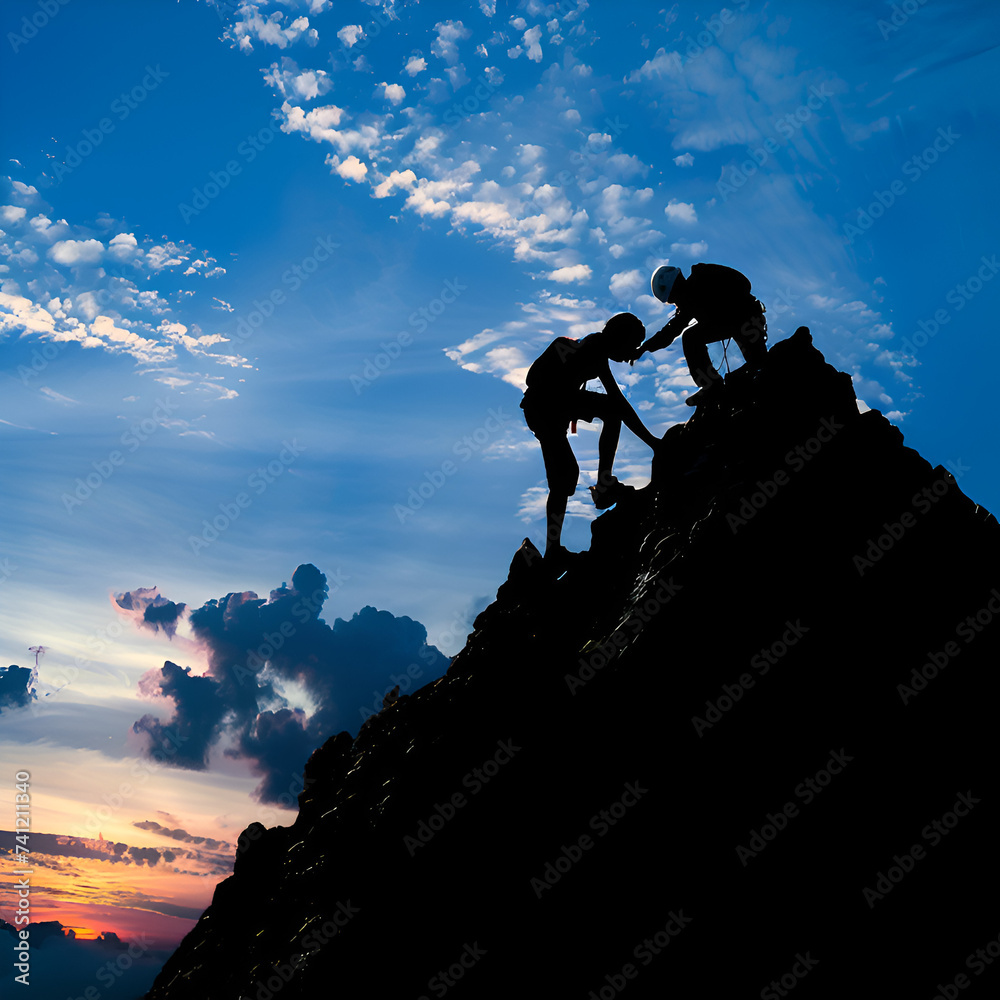 Silhouette of person climbing on the rock, mountain, helping, leadership, leading, goal, target, success, summit, hiking concept Silhouette of person climbing on the rock, mountain, helping, leadership, leading, goal, target, success, summit, hiking concept
