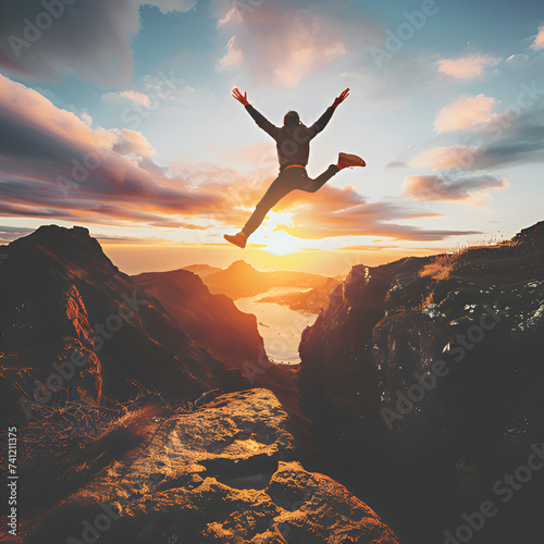 Leap of faith, victory, breakthrough design concept of a man jumping from a mountain, cliff despite obstacles 