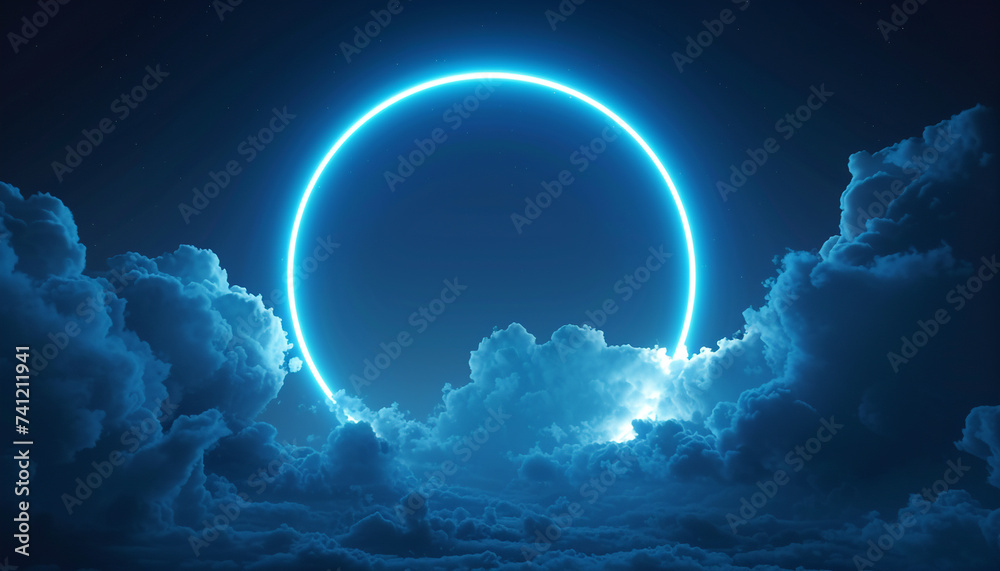 Neon light circle frame glowing in clouds
