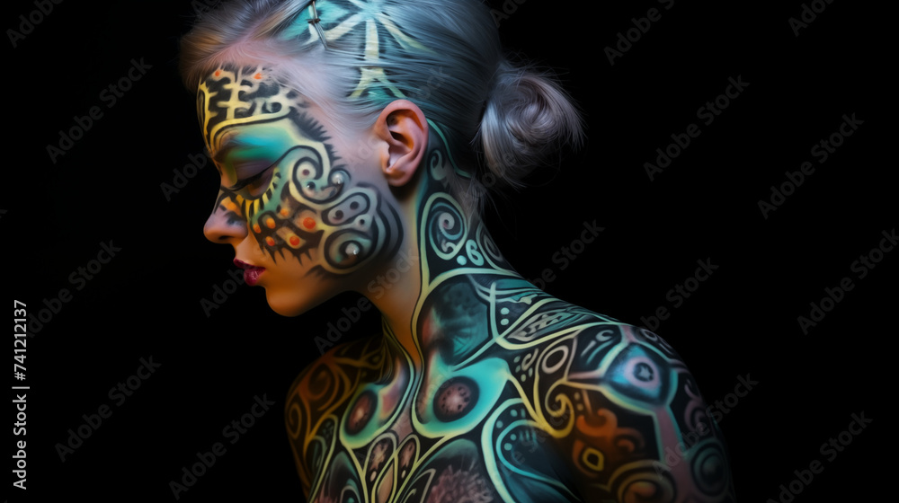 Young woman with biomechanical bodyart tattoo, green and yellow, black background, minimalistic