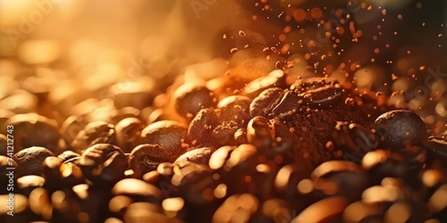 Close-up of dark roasted coffee beans with sparkling golden light, creating a warm, inviting atmosphere.