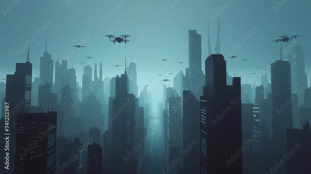 Misty rays of light filter through a dystopian cityscape as drones hover silently in the early morning haze.