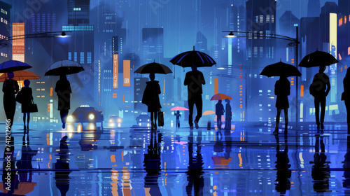 Commuters with umbrellas ar...