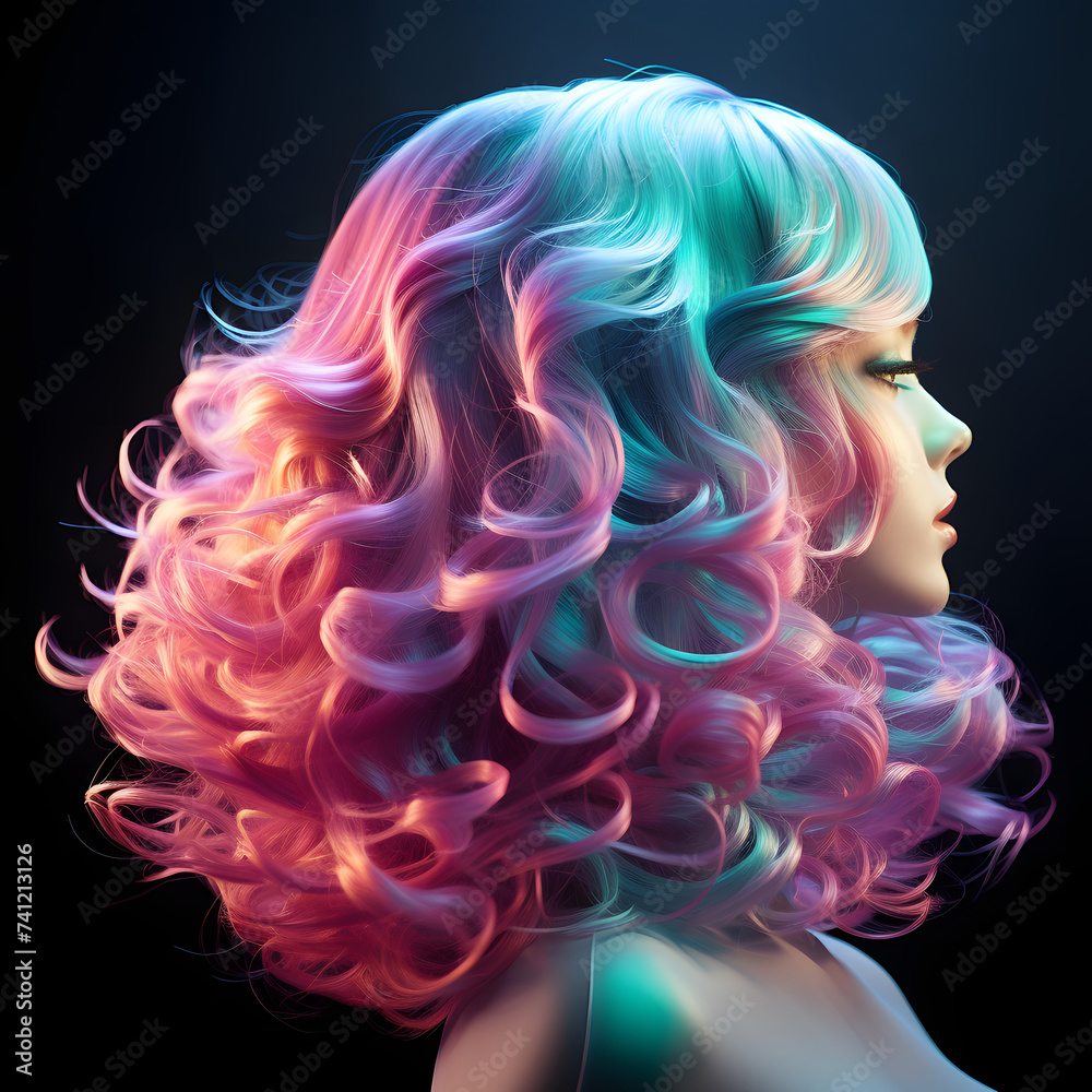 Cute and Beautiful Woman with Colorful Wavy Hair with Shiny Effect