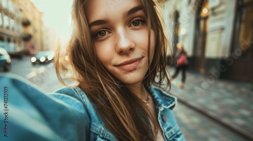 A woman taking a selfie on a city street photo