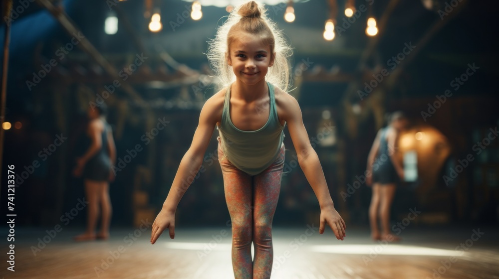 Naklejka premium A smiling little gymnast girl trains, performs acrobatic exercises in the gym. Sports, Children, Fitness, Health, Active lifestyle, Yoga concepts.