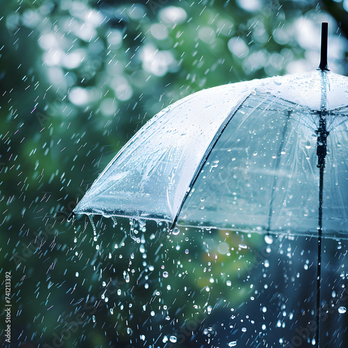 Transparent umbrella under rain against water drops splash background. Rainy weather concept.