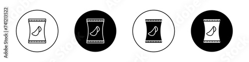 Potato Chips Icon Set. Crisp Bag Snack Vector Symbol in a Black Filled and Outlined Style. Crunch Time Sign. photo