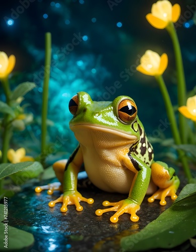 A green True frog, an amphibian organism, sits on a rock in a pond surrounded by terrestrial plants and flowers © video rost