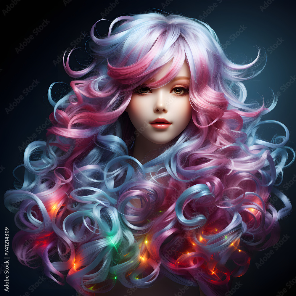 A Woman with Beautiful and Exotic Colorful Wavy Hair with Shiny and Glow Effect