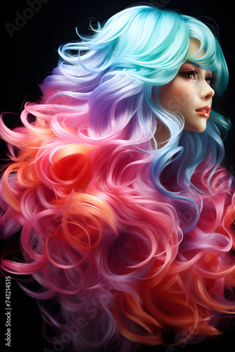 A Woman with Beautiful and Exotic Colorful Wavy Hair with Shiny and Glow Effect
