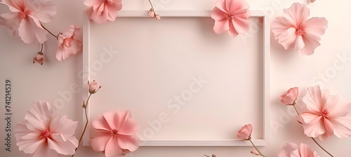 Pastel Floral Border with White Frame on Pink Background