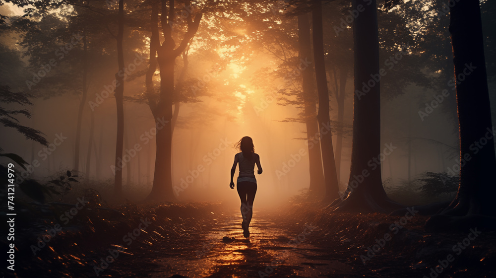 Mystical Morning Jog: A Silhouette Amidst the Golden Sunrise in a Foggy Forest Mystical Morning Jog: A Silhouette Amidst the Golden Sunrise in a Foggy Forest