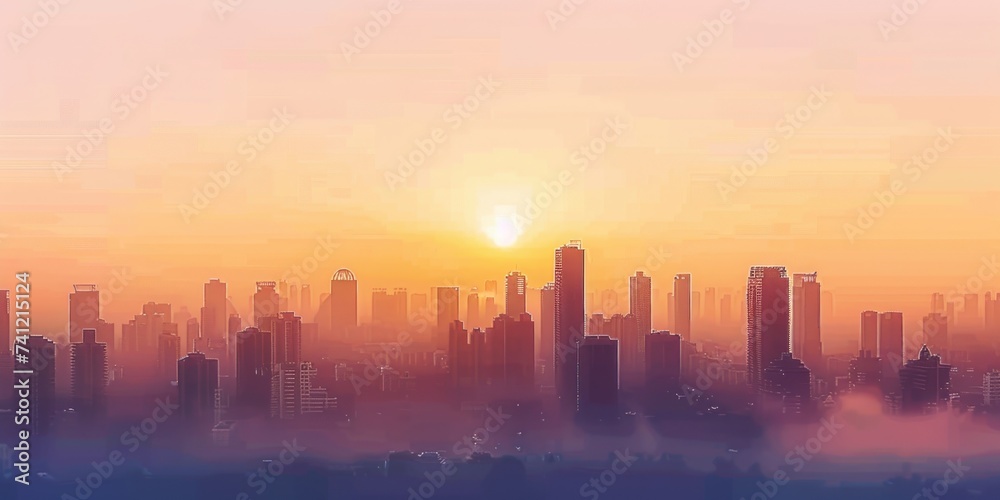 Digital art of a city skyline with an abstract, layered design in warm sunset colors, creating a serene atmosphere. Digital art of a city skyline with an abstract, layered design in warm sunset colors, creating a serene atmosphere.