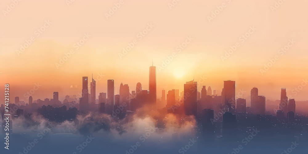 Digital art of a city skyline with an abstract, layered design in warm sunset colors, creating a serene atmosphere.