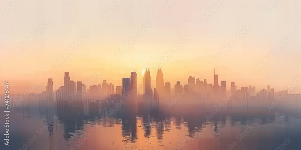 Digital art of a city skyline with an abstract, layered design in warm sunset colors, creating a serene atmosphere.