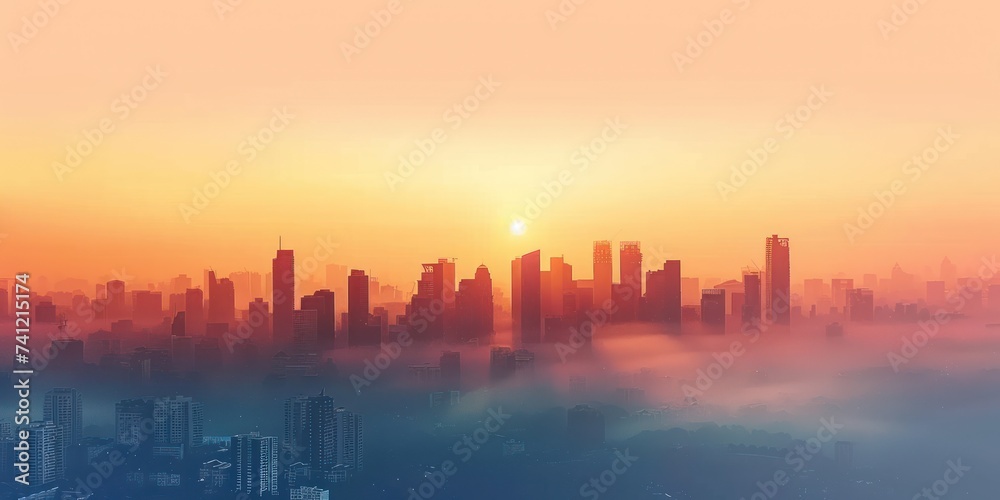 Digital art of a city skyline with an abstract, layered design in warm sunset colors, creating a serene atmosphere.
