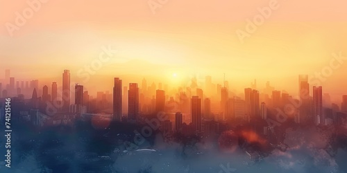 Digital art of a city skyline with an abstract, layered design in warm sunset colors, creating a serene atmosphere.
