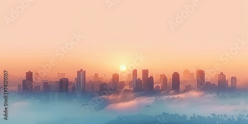 Digital art of a city skyline with an abstract  layered design in warm sunset colors  creating a serene atmosphere.