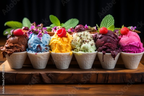 Delicious ice cream cones with colorful sprinkles, summer treats available for sale