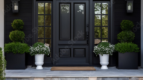 Black entrance door af a house decor with plants exterior styling  residential  landscaping  welcoming entrance  