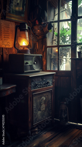 classic asian room with an old radio on a table, dim lantern,