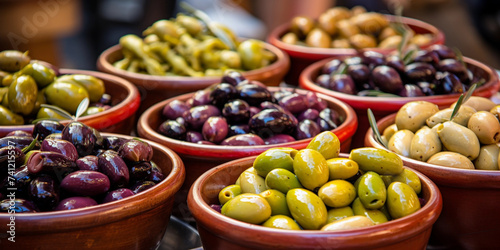 Variety of olives in bowls on a market in Greece. Greek Olive Market A Variety in Bowls