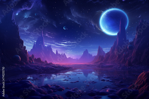 Mystical Cosmic Landscape: A Serene Night Sky Illuminated by a Glowing Planet © Maksym