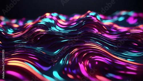 Abstract fluid 3d render holographic iridescent neon curved wave in motion dark background. Gradient design element.