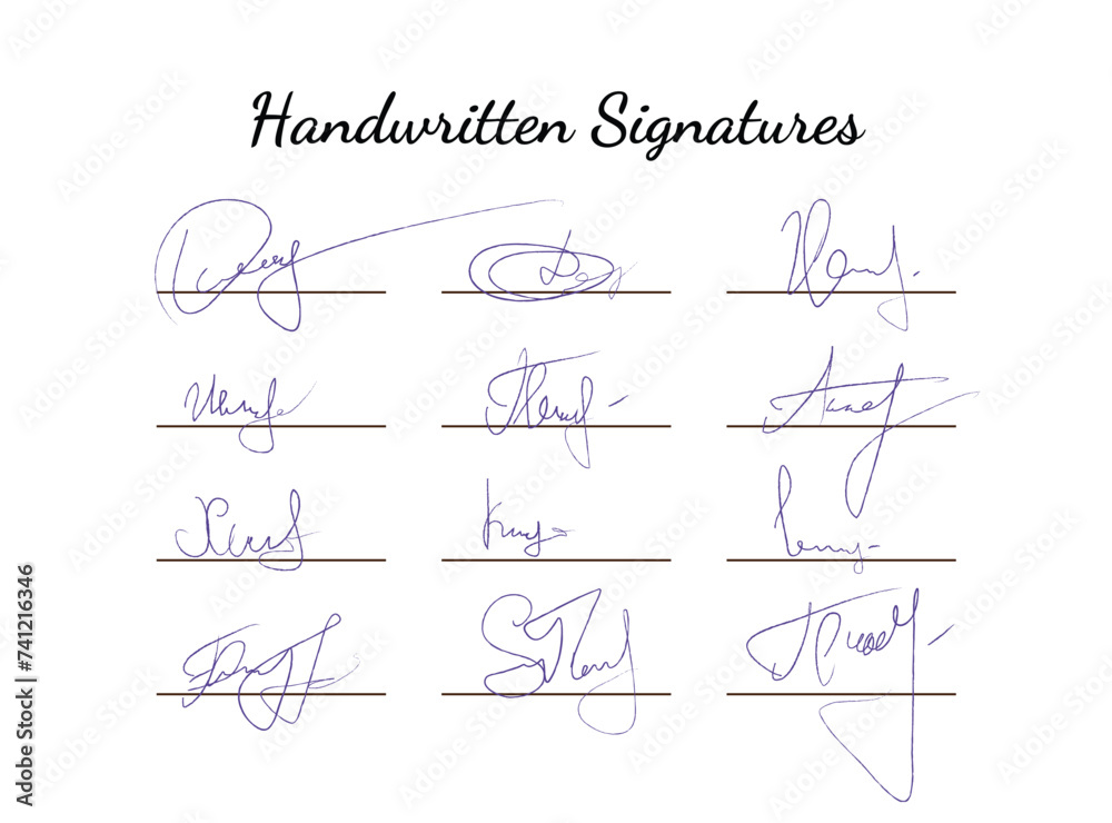 Fictitious autograph set. Handwritten fake signature collection. Lettering for business, signing of documents, certificates and contracts. Signature in blue pen color. 