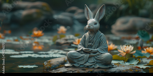 Haase beim Yoga in der Natur auf Steinen und Blüten meditiert als Cartoons, ai generativ photo