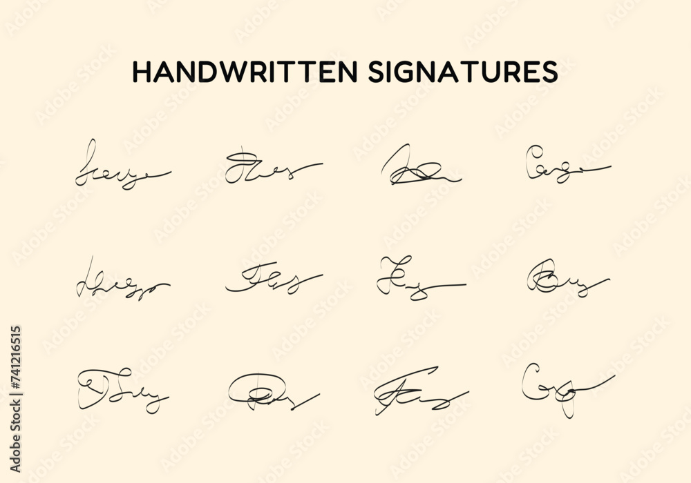 Handwritten fake signature collection. Lettering for business, signing of documents, certificates and contracts. Fictitious autograph set. Signature in black pen color. - obrazy, fototapety, plakaty 