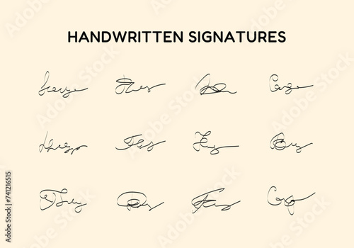 Handwritten fake signature collection. Lettering for business, signing of documents, certificates and contracts. Fictitious autograph set. Signature in black pen color. photo
