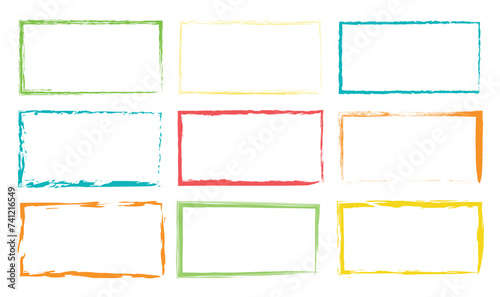 Hand drawn doodle color frame collection. Set of rectangle frames for text drawn with brush. Isolated text box. Caligraphic frames. Doodle rectangular shape. Line border. Vector illustration. 