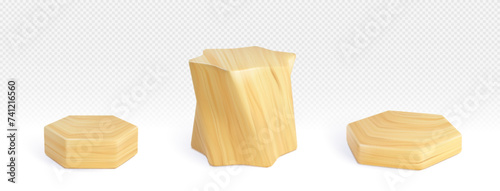 Wooden hexagon and star shaped product podium of different height and angle of view on transparent background. Realistic vector presentation platform made of light wood. Natural material pedestal.