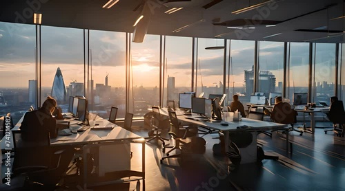 work office space with large glass windows, with sunset views photo